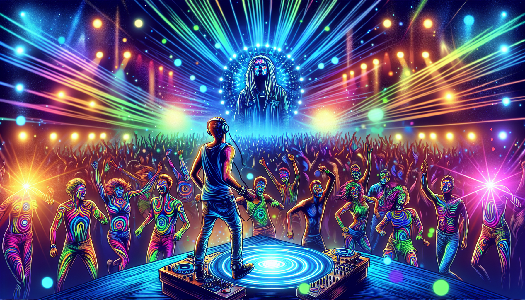 Colorful illustration of a DJ playing psytrance music at a music festival